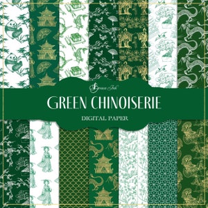 Papel digital chinoiserie verde, patrón sin costuras, papel tapiz toile, papel de China, fondo de geisha, fondo asiático, patrón de tela japonesa,