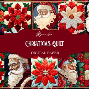 Könnte beinhalten: Digitales Papierdesign mit einem Weihnachtsquilt-Thema. Das Design enthält Bilder von Weihnachtsmann und Weihnachtssternen in Rot, Weiß und Grün. Der Text "CHRISTMAS QUILT DIGITAL PAPER" wird auf einem roten Banner angezeigt.