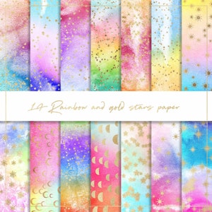 Rainbow gold stars watercolor digital paper, gold stars pattern, cosmic background, pink watercolor texture, scrapbook paper, moon backdrop