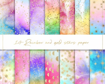 Rainbow gold stars watercolor digital paper, gold stars pattern, cosmic background, pink watercolor texture, scrapbook paper, moon backdrop