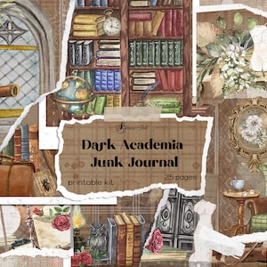 Kit de journal indésirable universitaire sombre, pages de journal gothiques numériques imprimables, collage à carreaux, fournitures de scrapbooking de bibliothèque vintage, livres éphémères