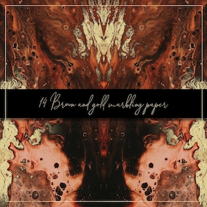 Pode incluir: Design de papel marmorizado abstrato com redemoinhos marrons e dourados. O design &eacute; sim&eacute;trico e tem um fundo preto. O texto "14 Brown and gold marbling paper" est&aacute; na parte inferior da imagem.