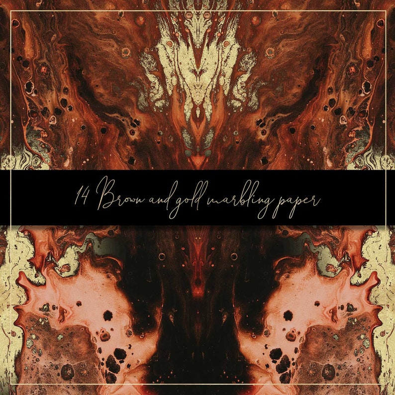 Pode incluir: Design de papel marmorizado abstrato com redemoinhos marrons e dourados. O design &eacute; sim&eacute;trico e tem um fundo preto. O texto "14 Brown and gold marbling paper" est&aacute; na parte inferior da imagem.