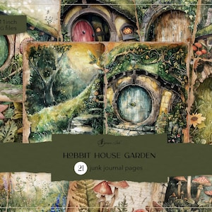 Hobbit-huistuindagboekpagina's, hobbit-rommeldagboek, digitaal bosdagboek, bloemcollageblad, vintage plakboek,