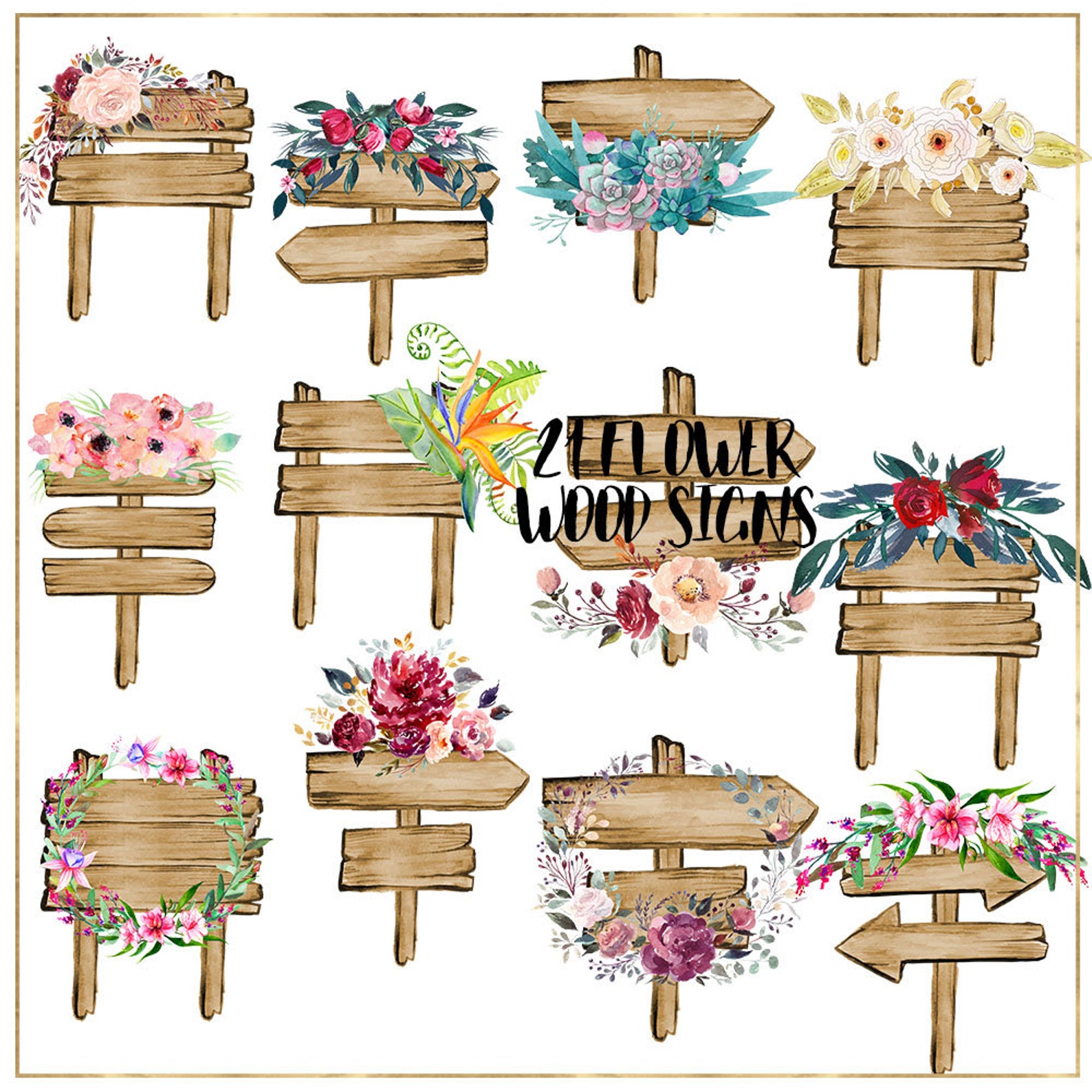 Flower Wood Sign Clipart Watercolor Flowers Sign Wooden | Etsy