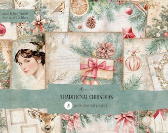 Traditionele kerstdagboekpagina's, vintage neutraal kerstrommeldagboek, kerstcadeaus digitaal papier, shabby chic kerstplakboek