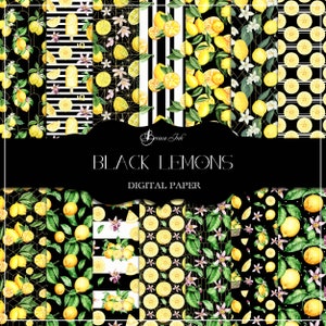 Papier numérique citrons noirs, motif transparent, citrons noirs aquarelles, fond noir, design sur tissu, fleurs de citronnier, sac estival, rayures