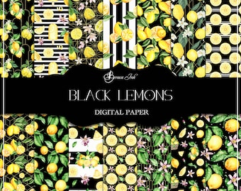 Black lemons digital paper, seamless pattern, black watercolor lemons, black background, fabric design, lemon flowers, summer pack, stripes