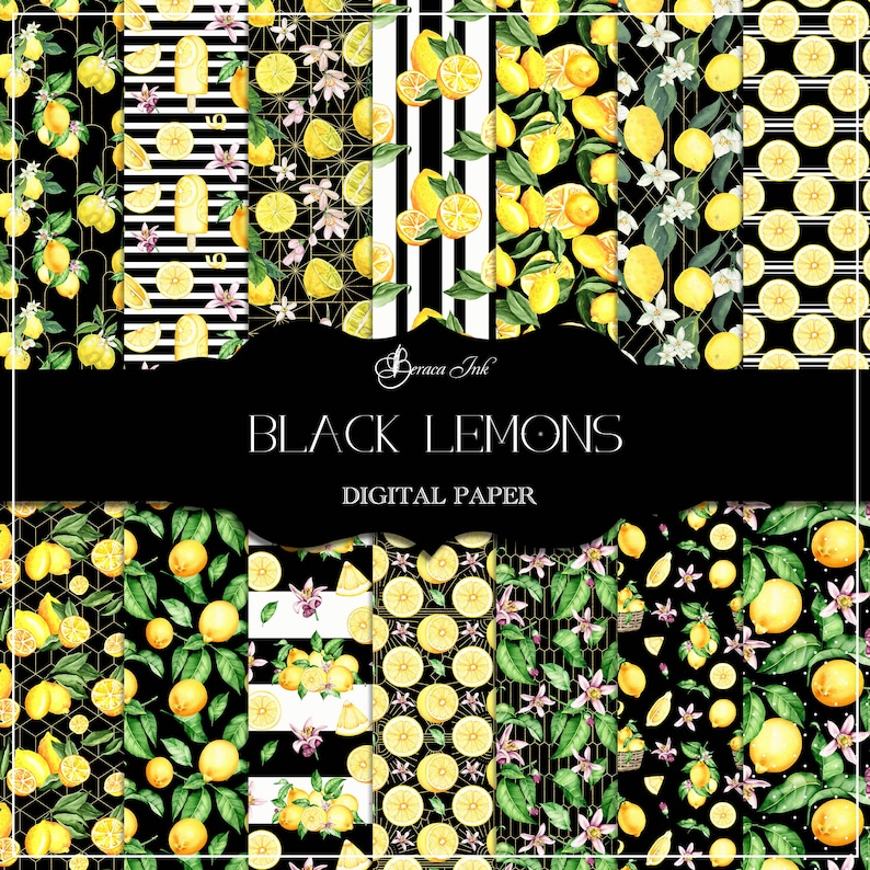 Black Lemons Digital Paper, Seamless Pattern, Black Watercolor Lemons ...