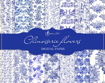 Chinoiserie flowers digital paper, seamless pattern, asian wallpaper, blue ceramic paper, Chinese backdrop, french toile de jouy pattern