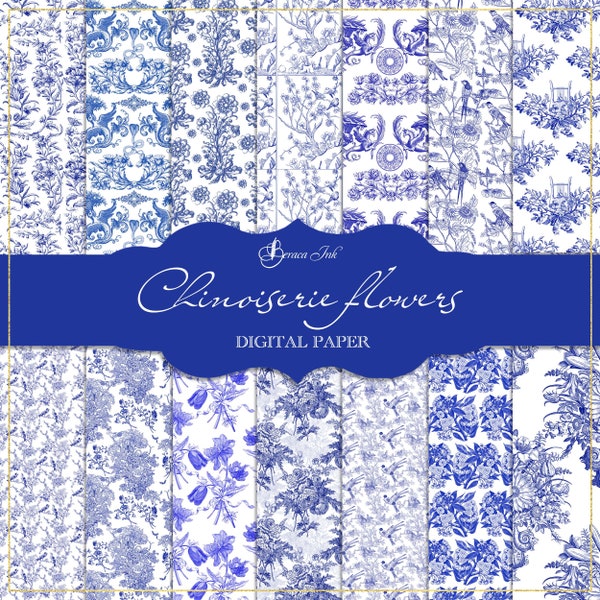 Chinoiserie flowers digital paper, seamless pattern, asian wallpaper, blue ceramic paper, Chinese backdrop, french toile de jouy pattern