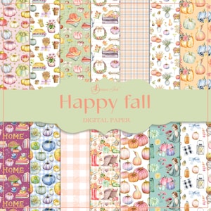 Papel digital de outono feliz, padrão perfeito, outono pastel, torta de abóbora, fundo xadrez, papel de ação de graças, outono aconchegante, colheita de frutas