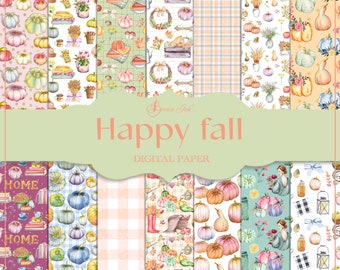 May include: A set of 12 digital papers featuring autumnal themes. The papers include pumpkins, gourds, leaves, and other fall-themed designs. The papers are perfect for scrapbooking, card making, and other crafting projects.