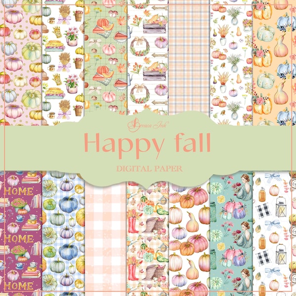 Happy fall digital paper, seamless pattern, pastel autumn, pumpkin pie, plaid background, thanksgiving paper, cosy fall, fruit harvest