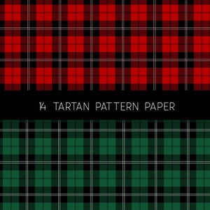 May include: Two seamless plaid patterns, one red and black, the other green and black, with white lines. The text "14 Tartan Pattern Paper" is centered in black text on a white background.