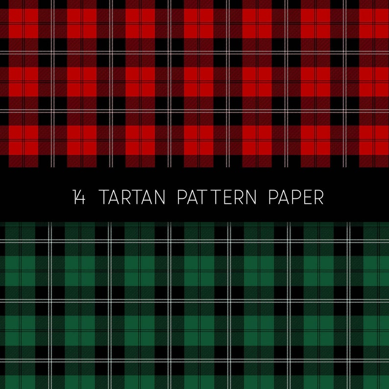 May include: Two seamless plaid patterns, one red and black, the other green and black, with white lines. The text "14 Tartan Pattern Paper" is centered in black text on a white background.