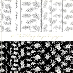 Wedding bouquets digital paper, seamless pattern, black and white flowers, floral line art, leaves background, flower wallpaper, invitation