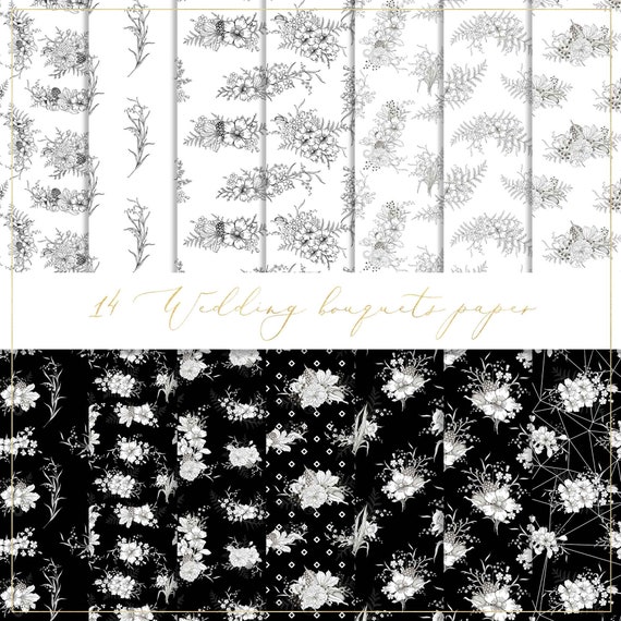 Wedding bouquets digital paper, seamless pattern, black and white flowers, floral line art, leaves background, flower wallpaper, invitation