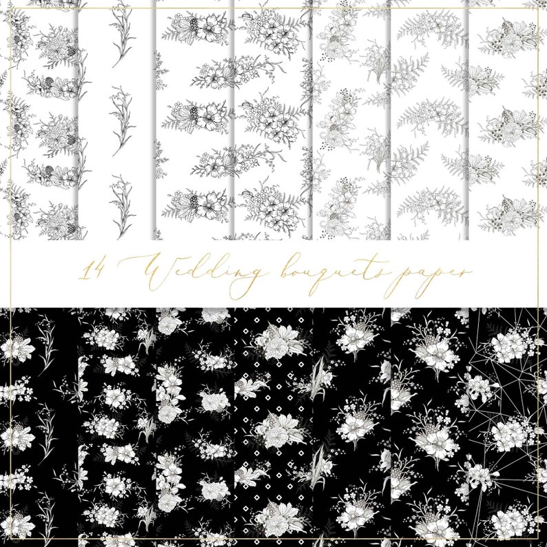 May include: A set of 14 black and white wedding bouquet digital papers. The papers feature various floral designs, including bouquets, branches, and leaves. The papers are perfect for creating invitations, cards, and other wedding stationery.