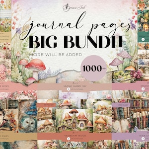 K&ouml;nnte beinhalten: Eine Collage aus Aquarell-Illustrationen zu verschiedenen Themen, darunter wilde Blumen, Vintage-Rosen, ein Pilzhaus, ein Zauberer und eine Bibliothek f&uuml;r B&uuml;cherliebhaber. Der Text "journal pages BIG BUNDLE MORE WILL BE ADDED 1000+ " ist auf dem Bild zu sehen.
