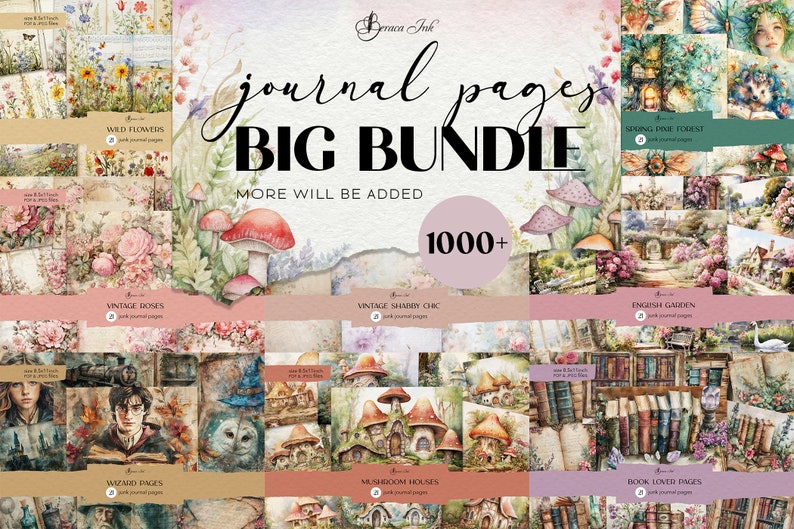 K&ouml;nnte beinhalten: Eine Collage aus Aquarell-Illustrationen zu verschiedenen Themen, darunter wilde Blumen, Vintage-Rosen, ein Pilzhaus, ein Zauberer und eine Bibliothek f&uuml;r B&uuml;cherliebhaber. Der Text "journal pages BIG BUNDLE MORE WILL BE ADDED 1000+ " ist auf dem Bild zu sehen.