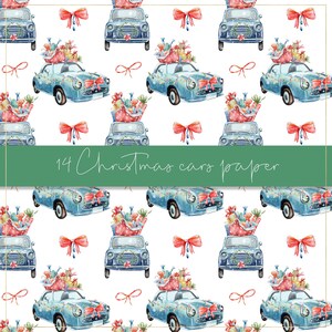 Pu&ograve; includere: Motivo ad acquerello con auto blu decorate per Natale, cariche di regali e ghirlande. Sono presenti anche fiocchi rossi e il testo "14 Christmas cars paper". Il design si ripete su sfondo bianco.