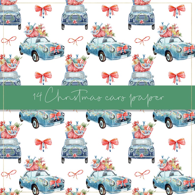 Pu&ograve; includere: Motivo ad acquerello con auto blu decorate per Natale, cariche di regali e ghirlande. Sono presenti anche fiocchi rossi e il testo "14 Christmas cars paper". Il design si ripete su sfondo bianco.