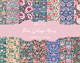 Pink William Morris digital paper, floral seamless pattern, art nouveau wallpaper, victorian background, art deco wallpaper, repeat paper