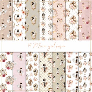 Papel digital espelho menina, padrão sem emenda de flores, fundo boho, pano de fundo neutro, planejador menina, padrão geométrico, papel boho