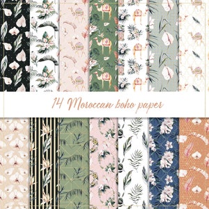 Carta digitale boho marocchina, motivo senza soluzione di continuità, carta marocchina, sfondo boho, carta con fiori acquerellati, carta con orchidee, foglie di palma, cammello