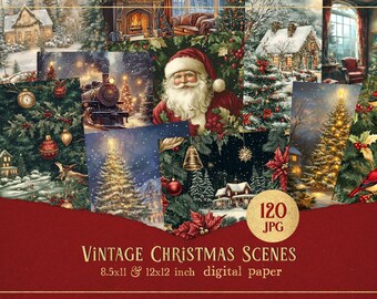 Vintage kersttaferelen, kerstrommeldagboek, brieven van de kerstman, plakboek kerstkaart, winterdorpspapier, antieke ephemera