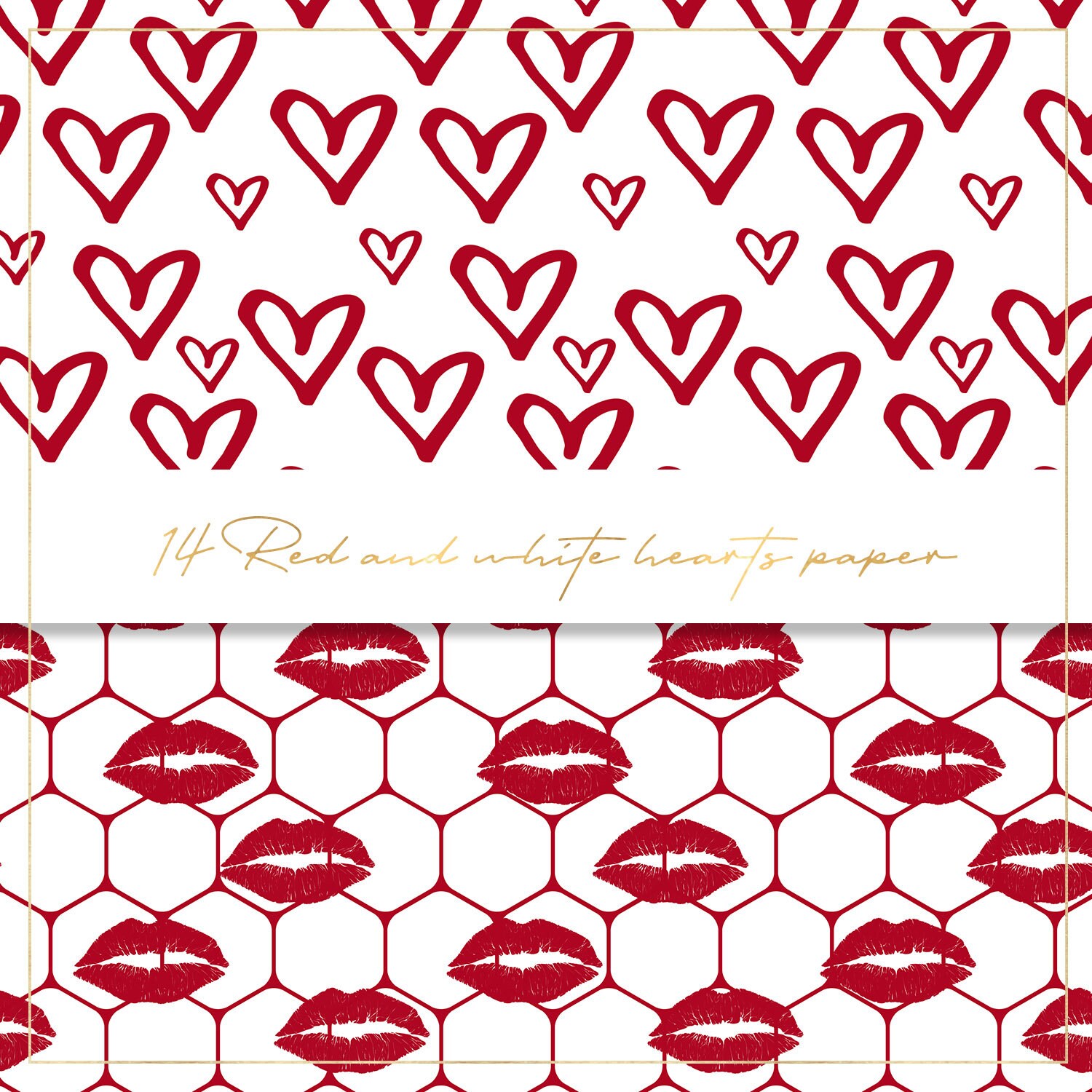 Red and White Hearts Digital Paper, Seamless Pattern, Valentine's