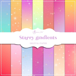 Op de afbeelding: Een set van 10 digitale papieren met verlopen in verschillende pastelkleuren met een verspreid patroon van gouden sterren. De papieren zijn gelabeld met "Starry gradients DIGITAL PAPER".