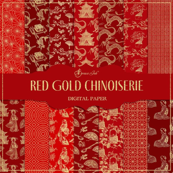 Red gold chinoiserie digital paper, seamless pattern, geisha wallpaper, asian background, Chinese backdrop, toile journal, fabric, oriental