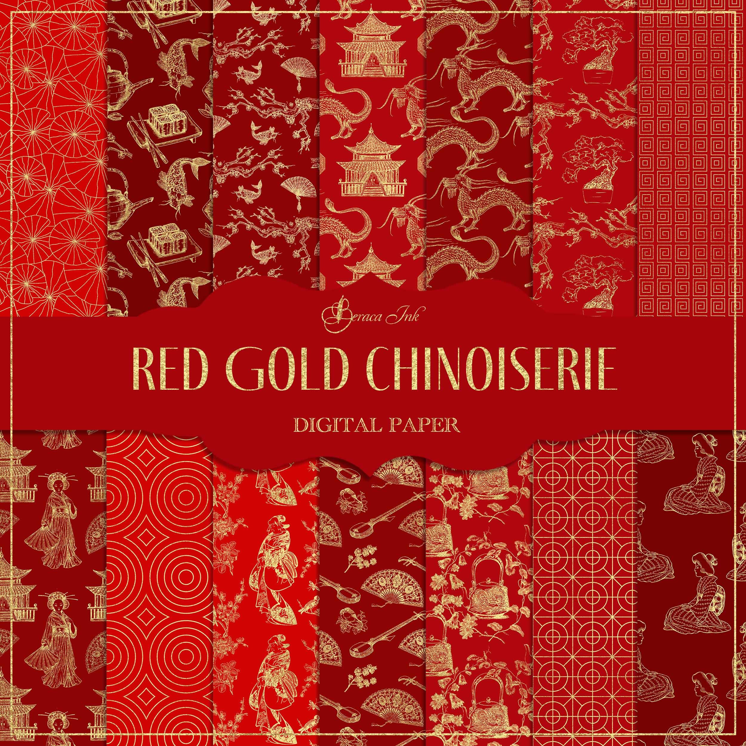 Red gold chinoiserie digital paper, seamless pattern, geisha wallpaper, asian background, Chinese backdrop, toile journal, fabric, oriental