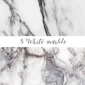 May include: Two close-up images of white marble with gray veining. The top image has a more pronounced veining pattern. The bottom image has a more subtle veining pattern. 8 White Marble.
