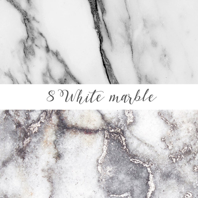 May include: Two close-up images of white marble with gray veining. The top image has a more pronounced veining pattern. The bottom image has a more subtle veining pattern. 8 White Marble.