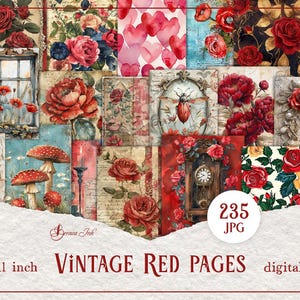Paquete de páginas de diario vintage en rojo, papel digital con flores, diario con rosas rojas, suministros para álbumes de recortes, diario gótico, patrón de damasco rojo y negro