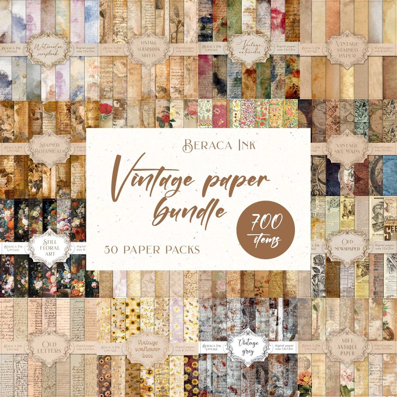 K&ouml;nnte beinhalten: Eine Collage aus Vintage-Papierpaketen mit verschiedenen Designs, darunter Blumen, Botanik, Karten und alte Briefe. Der Text "Vintage paper bundle 700 items 50 paper packs" ist in der Mitte des Bildes zu sehen.