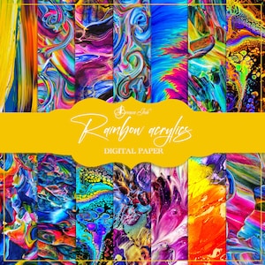 Op de afbeelding: Een set van 10 digitale papieren met abstracte regenboog-acrylverfdesigns. De papieren zijn perfect voor scrapbooking, kaartmaken en andere knutselprojecten.
