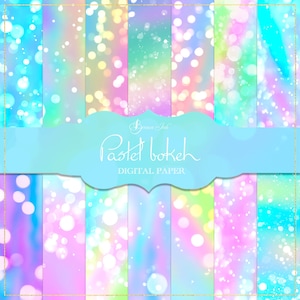 May include: A set of 8 digital papers featuring pastel colored backgrounds with bokeh effects. The papers are perfect for scrapbooking, card making, and other crafting projects.