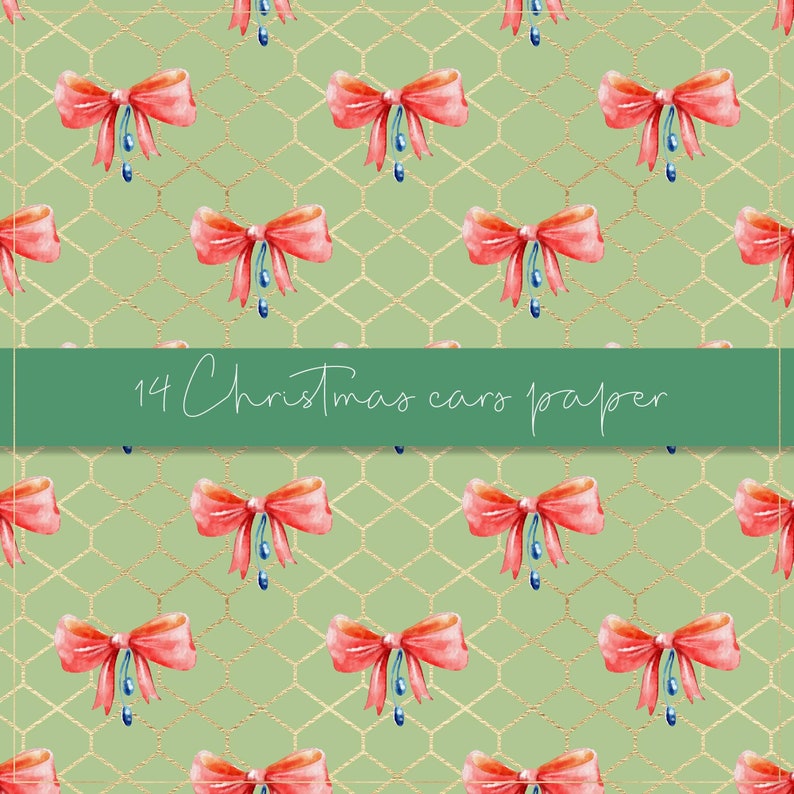 Pu&ograve; includere: Un motivo ripetuto di fiocchi ad acquerello rossi, con accenti blu e argento, su uno sfondo verde chiaro con un design geometrico dorato. Il testo "14 Christmas cars paper" &egrave; visualizzato su uno striscione verde.