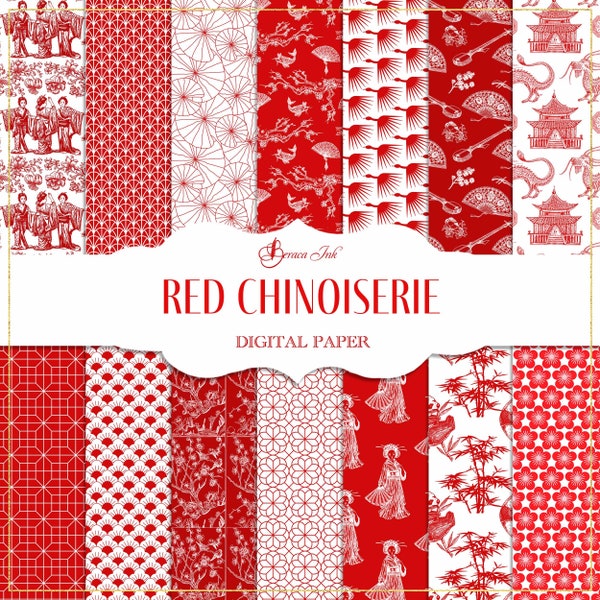 Red chinoiserie digital paper, seamless pattern, asian wallpaper, geisha paper, Chinese background, oriental backdrop, journal paper, fabric