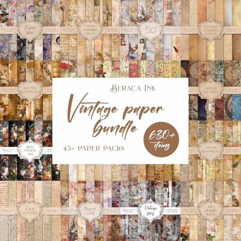 May include: A collage of vintage paper packs with a variety of designs, including floral, botanical, and old letters. The collage is labeled "Vintage Paper Bundle" and includes over 630 items in 45+ paper packs.