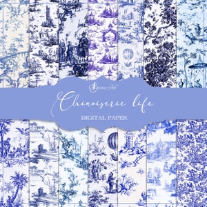 Chinoiserie life digitaal papier, blauw Chinees behang, keramische achtergrond, Aziatisch oosters patroon, Frans papier, toile de jouy-papier