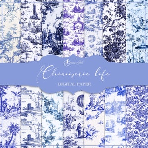 Chinoiserie life digital paper, blue Chinese wallpaper, ceramic background, asian oriental pattern, french paper, toile de jouy paper