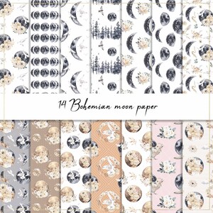 May include: A set of 14 digital paper designs featuring watercolor illustrations of moons, flowers, and birds. The papers are in a bohemian style and are perfect for crafting projects.