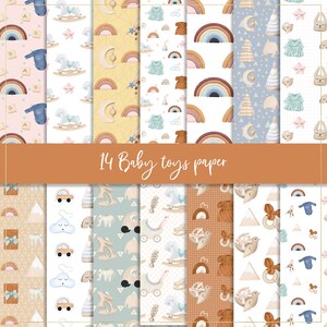 Papel digital con juguetes para bebés, patrón sin costuras, papel tapiz para guardería, arcoíris lindos, póster boho, diseño de tela, baby shower, bebé niño, bebé moderno