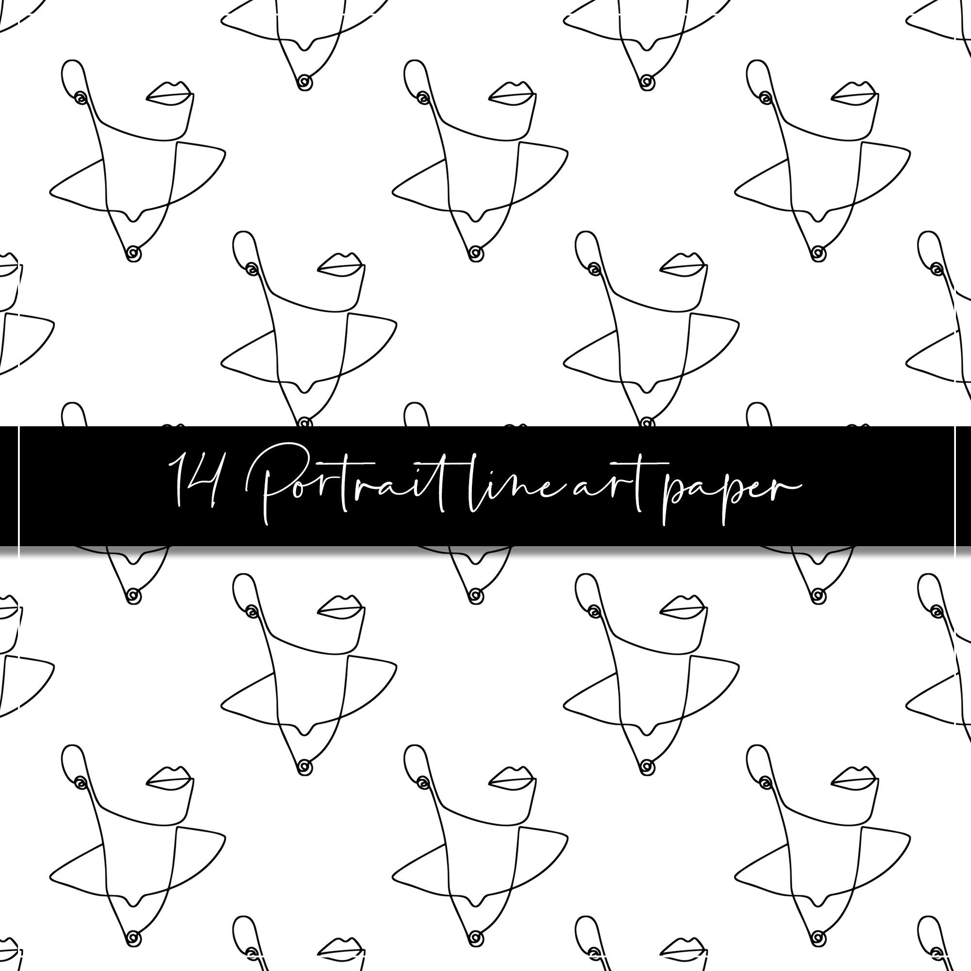 Portrait Line Art Digital Paper, Seamless Pattern, Line Art Wall Art ...