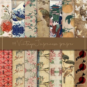 Vintage Japanese digital paper, vintage asian pattern, old Japan writing, antique texture, cherry blossom, grunge flowers, junk journal card